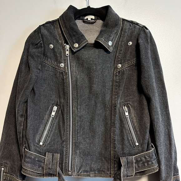 Manoush Denim Biker Jacket Motorcycle Washed Black Belted Size 40 US 8 - Picture 4 of 14